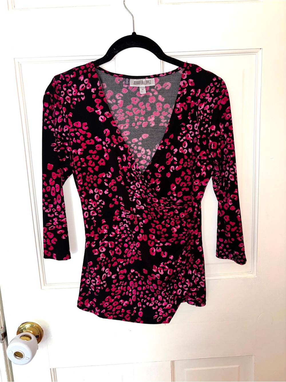 Jennifer Lopez Black & Pink Leopard Wrap-Front Women’s Top